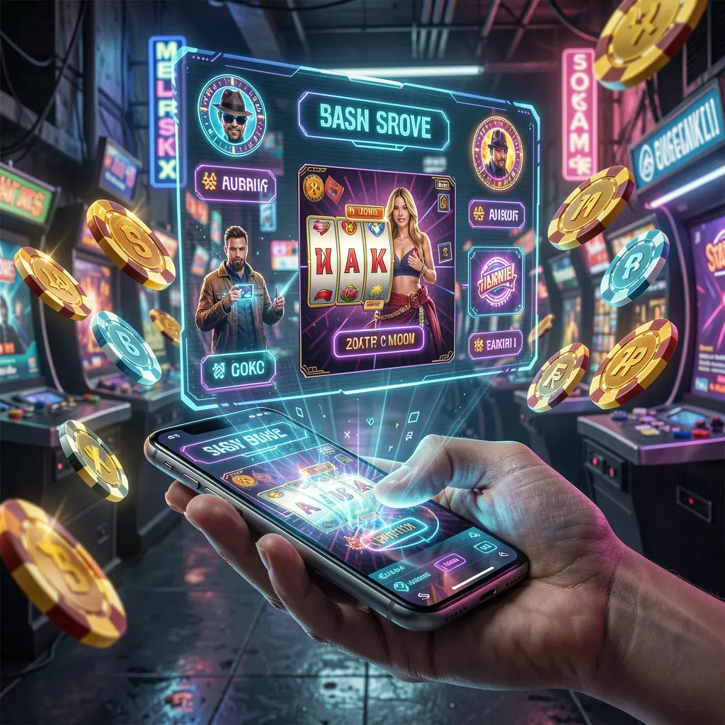 Futuristic casino interface with glowing chips and holographic elements floating above a smartphone using the YATRI77 app in Nepal