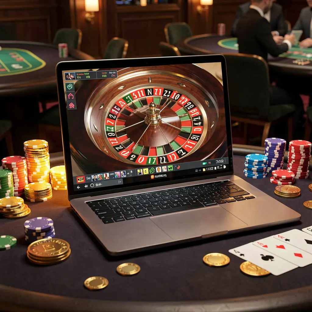 Elegant online roulette table displayed on a modern laptop with stacks of golden coins highlighting the premium casino experience available on the YATRI77 APP in Nepal