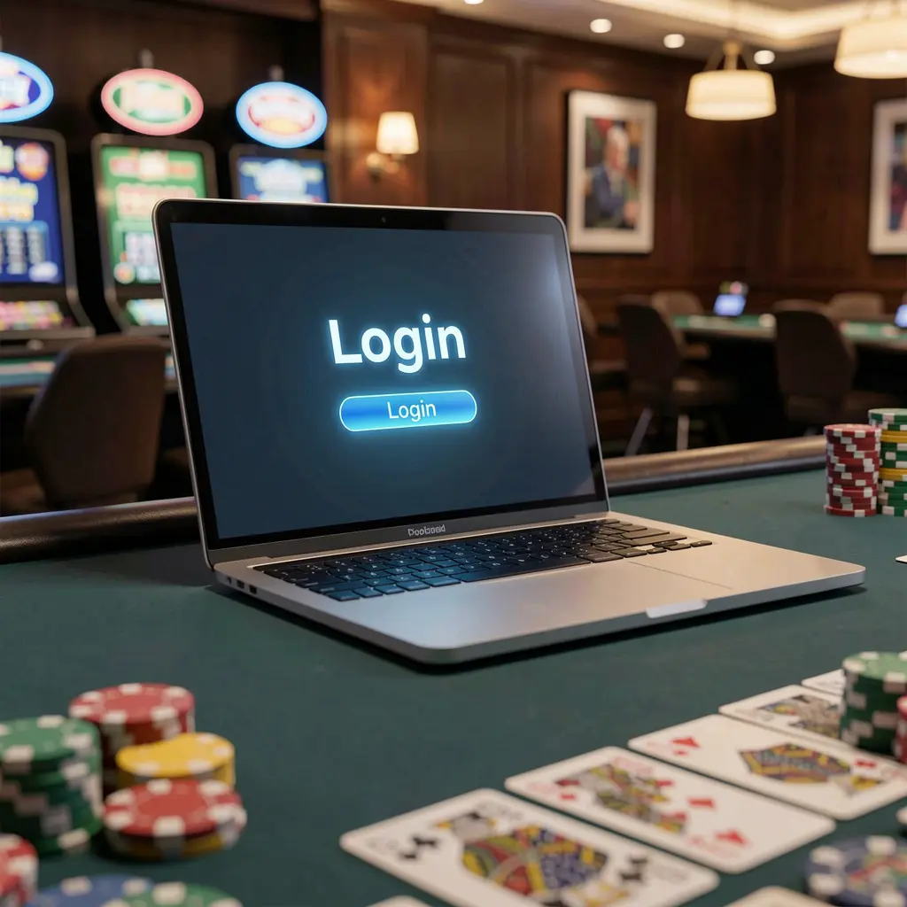 Modern laptop on a casino table with poker chips and cards showing the YATRI77 APP login screen for secure access in Nepal