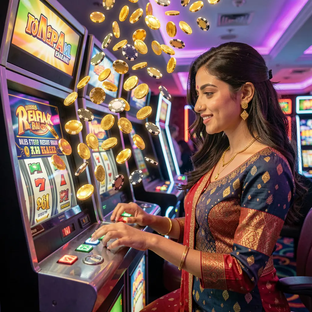 Focused female player pressing a slot machine button while golden coins rain down at YATRI77 APP casino in Nepal